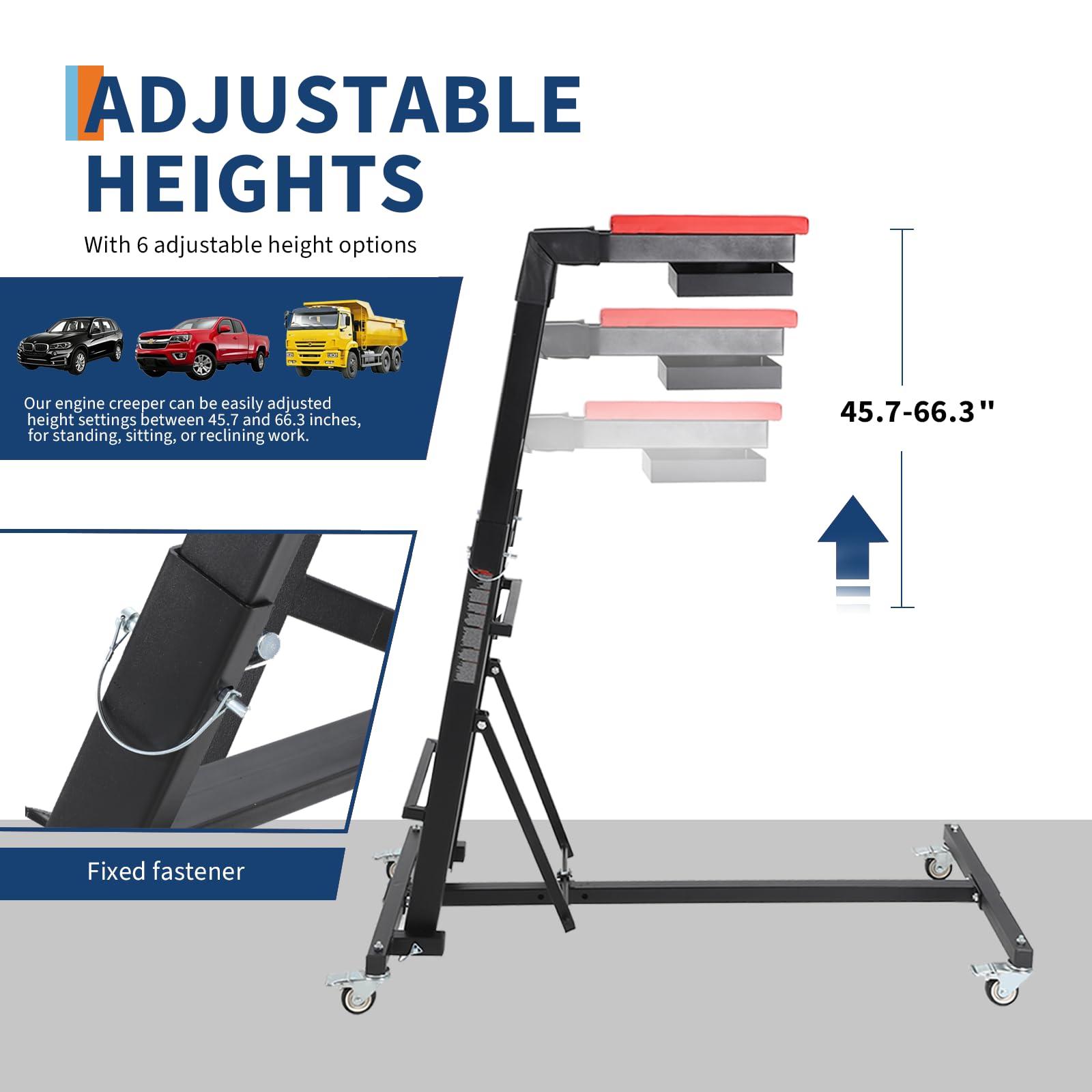 Garvee Heavy-Duty Foldable Automotive Engine Creeper, Adjustable Height 45" to 66", 400 lbs Capacity, 4 Brake Wheels, Storage Tray, and Padded Deck for Auto Repair & Trucks