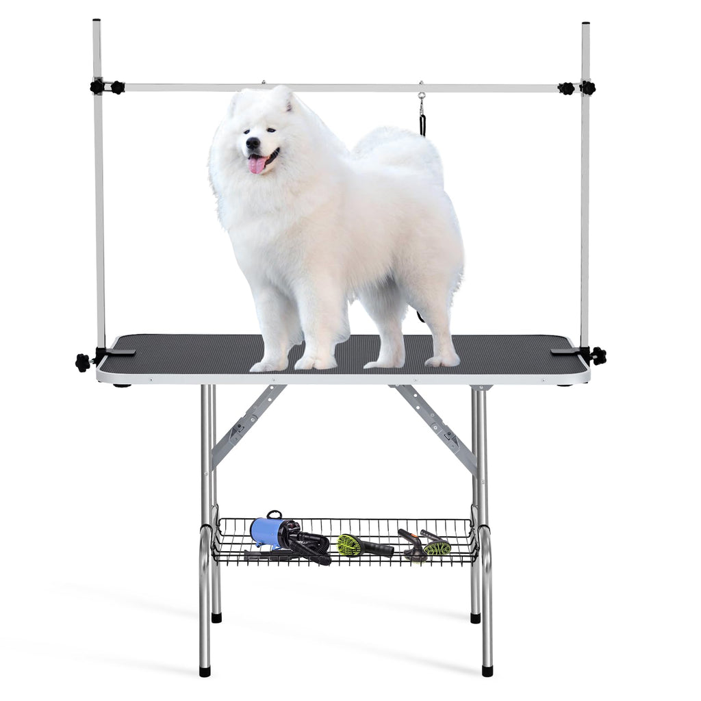 Garvee 48" Dog Grooming Table Adjustable Height Pet Drying Desktop Foldable Pet Grooming Table with Arms, Nooses, Mesh Tray, Foldable Pet Station Max Capacity Up to 330Lbs (Black)