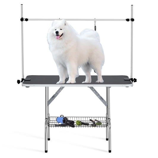 Garvee 48" Dog Grooming Table Adjustable Height Pet Drying Desktop Foldable Pet Grooming Table with Arms, Nooses, Mesh Tray, Foldable Pet Station Max Capacity Up to 330Lbs (Black)