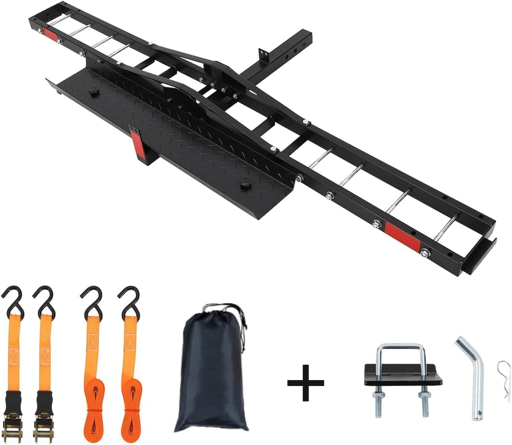 Garvee 600lbs Motorcycle Tow Hitch Dirt Bike Transport Rack for Motorcycles Bicycles and Scooters Iron Build with 4 Straps Secure Hauler Hitch Mount Rack with Ramp, Black