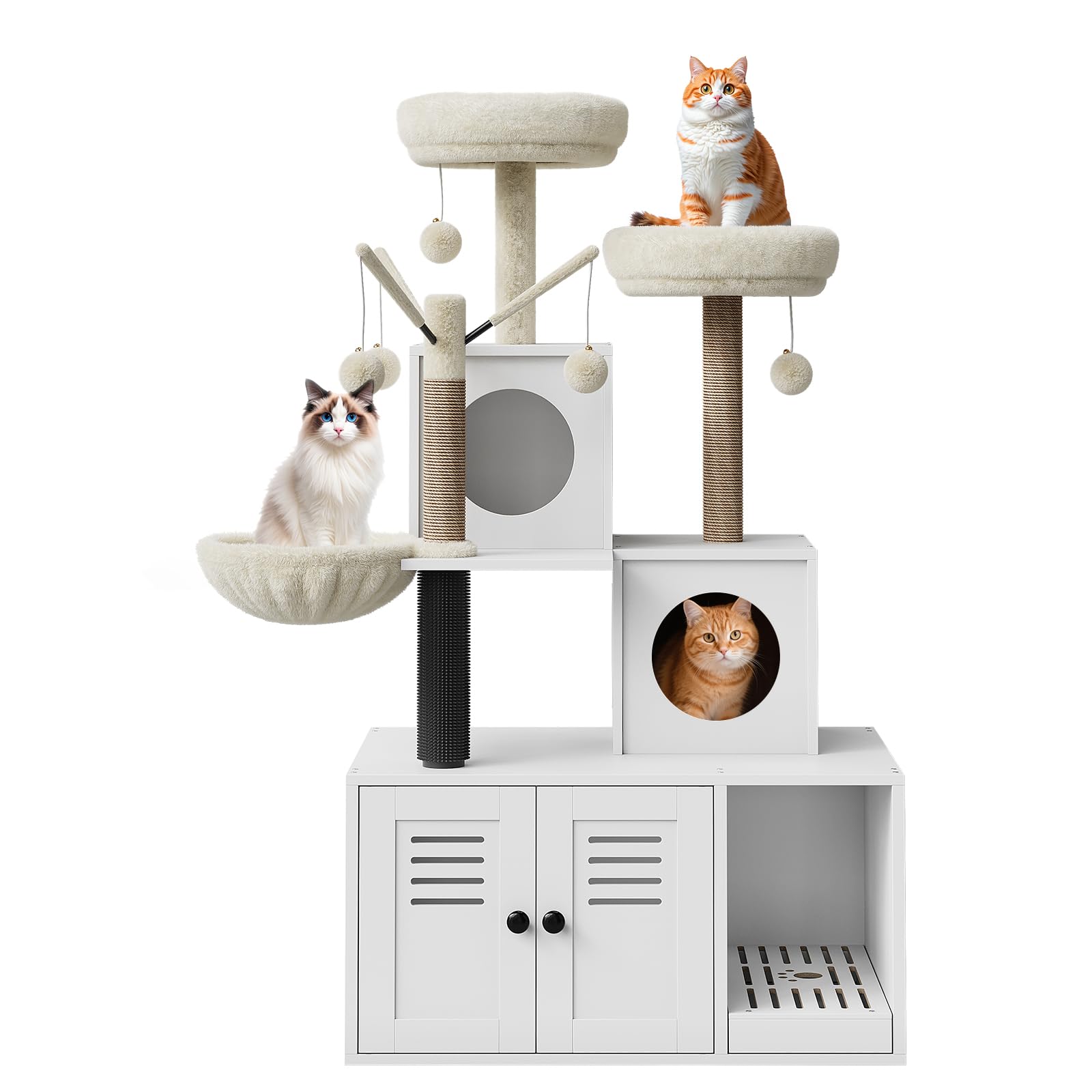 Garvee 54.3" Cat Tree Tower with Hidden Litter Box Enclosure, Modern 2-in-1 Cat Condo, Multi-Cat Homes, Greige & Beige