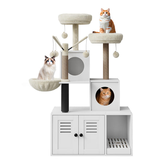 Garvee 54.3" Cat Tree Tower with Hidden Litter Box Enclosure, Modern 2-in-1 Cat Condo, Multi-Cat Homes, Greige & Beige