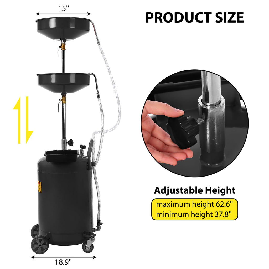 Garvee 20 Gallon Waste Oil Drain Tank - Portable Air-Operated Oil Drainer with Adjustable Funnel Height, 15'' Premium Bowl, Wheels, and Toolbox for Fluid Fuel Transfer and Drainage, Black