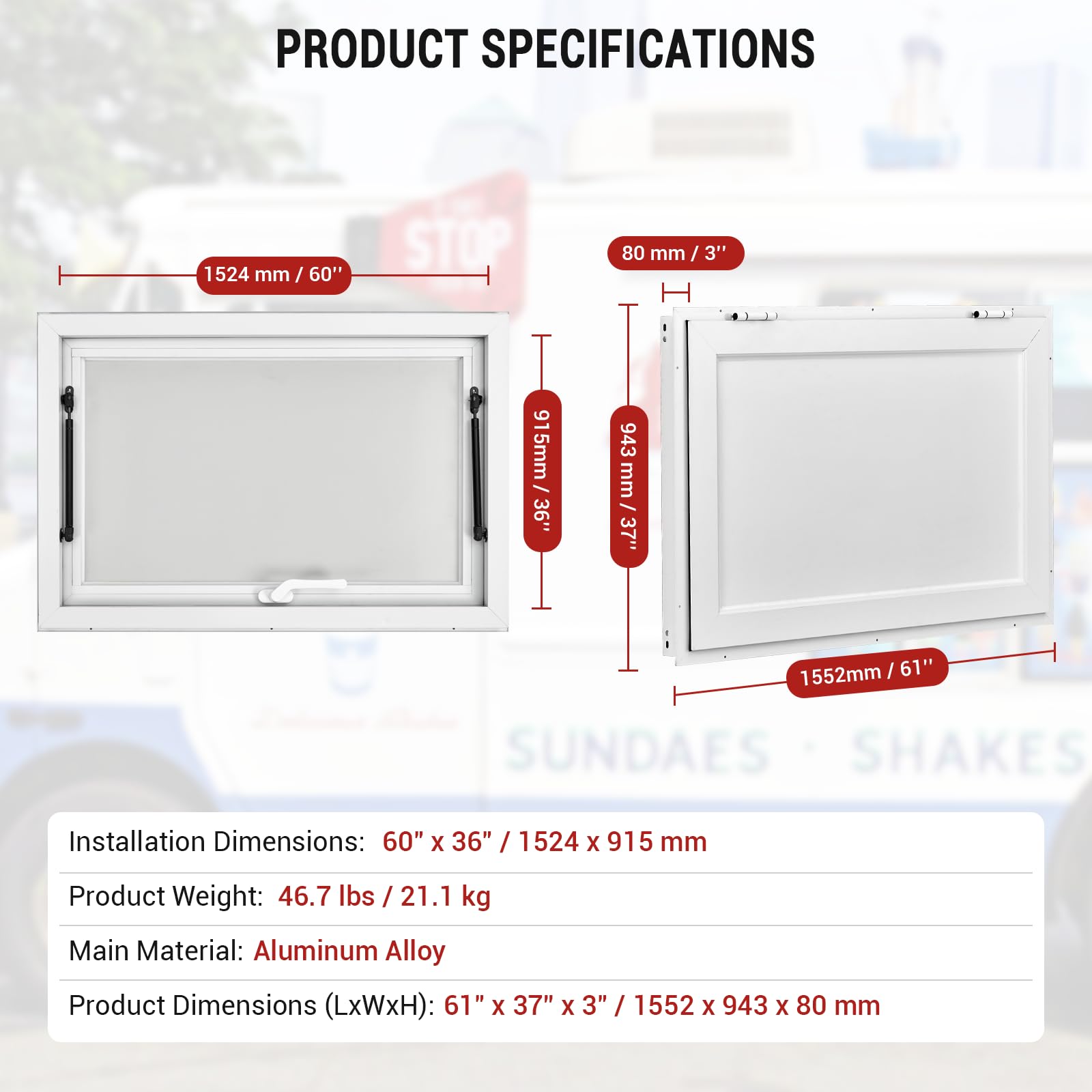 Garvee 60" x 36" Aluminum Alloy Food Truck Concession Window With Awning Door & Drag Hook For Food Trucks And Trailers, Up To 85° Stand, Glass Not Included