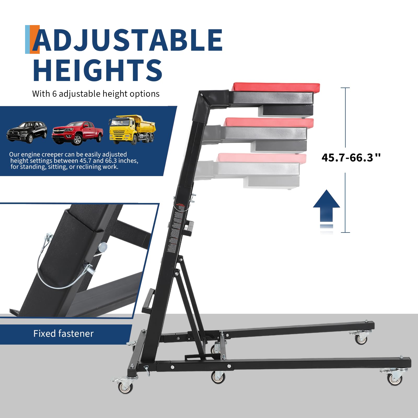 Garvee Heavy-Duty Foldable Automotive Engine Creeper, Adjustable Height 45" to 66", 400 lbs Capacity, with 6 Wheels, Storage Tray, and Padded Deck for Auto Repair & Trucks