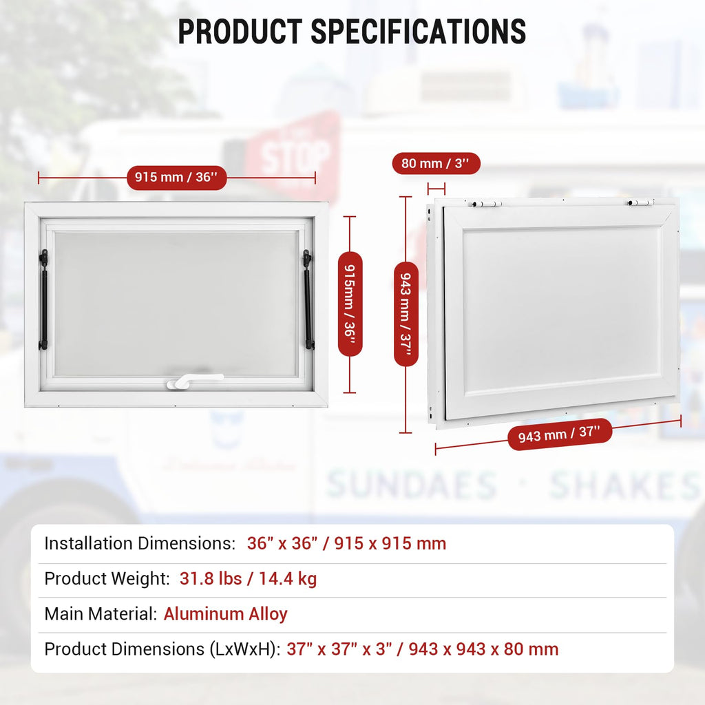 Garvee 36" x 36" Aluminum Alloy Concession Window With Awning Door & Drag Hook For Food Trucks And Trailers, Up To 85° Stand, Durable Powder-Coated Finish