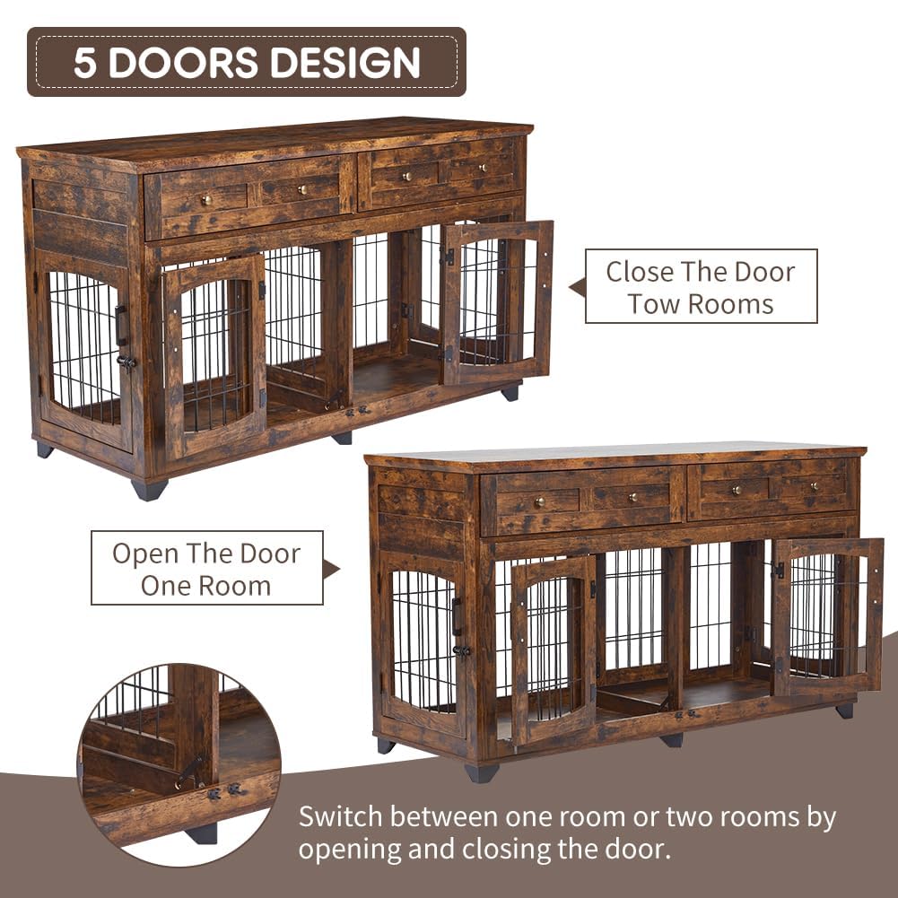 Garvee Dog Crate Furniture with 5 Doors, 58" Wooden Dog Kennel Cage End Table with Large Capacity Drawers, Dog House with Openable Divider for Dogs(Brown)
