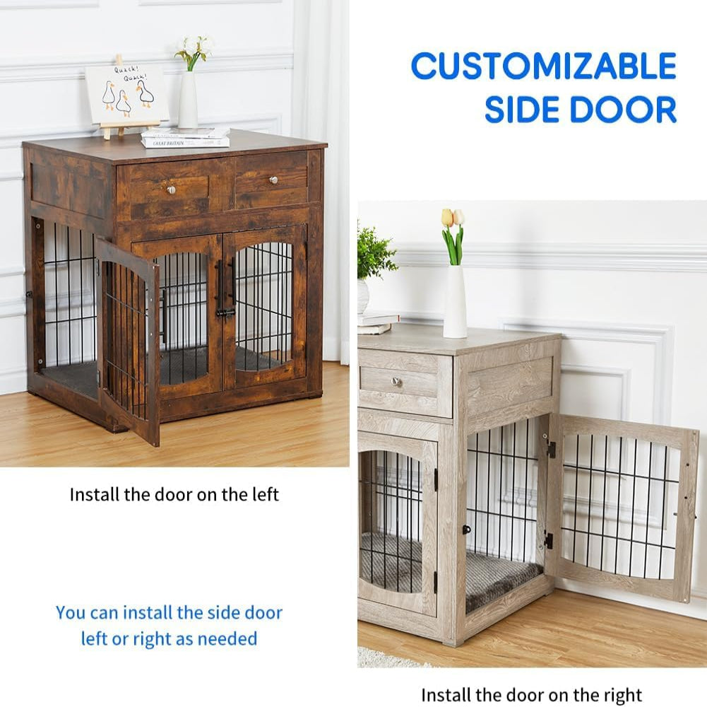 Dog Crate Furniture with 3 Doors, 39.4'' Large 2 Drawer & Cushion, Wooden House Kennel for Medium/Large Dog, Dog Table Up to 130 lbs, Indoor End House, Grey