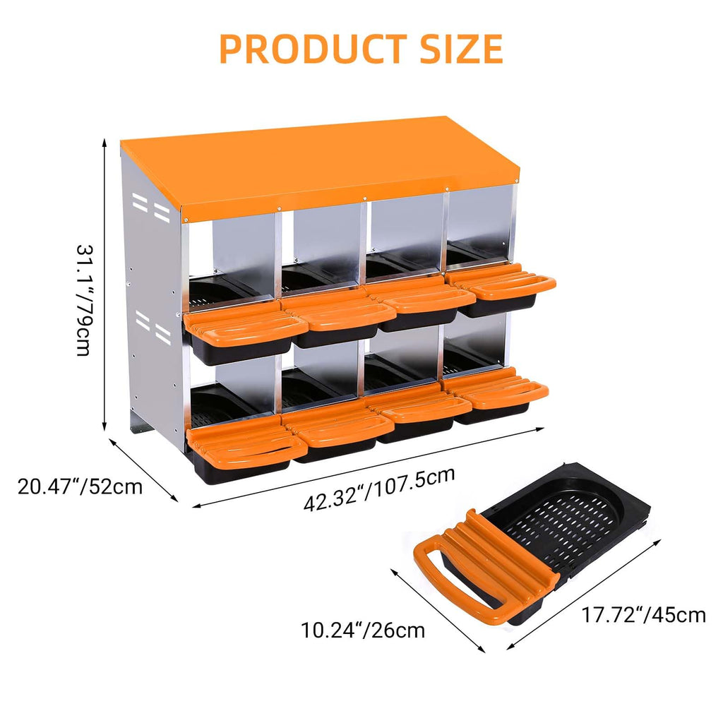 Garvee Chicken Nesting Box 8-Hole Roll Away Egg Laying Box with Lid, Heavy-Duty Galvanized Steel, Wall-Mountable, Orange