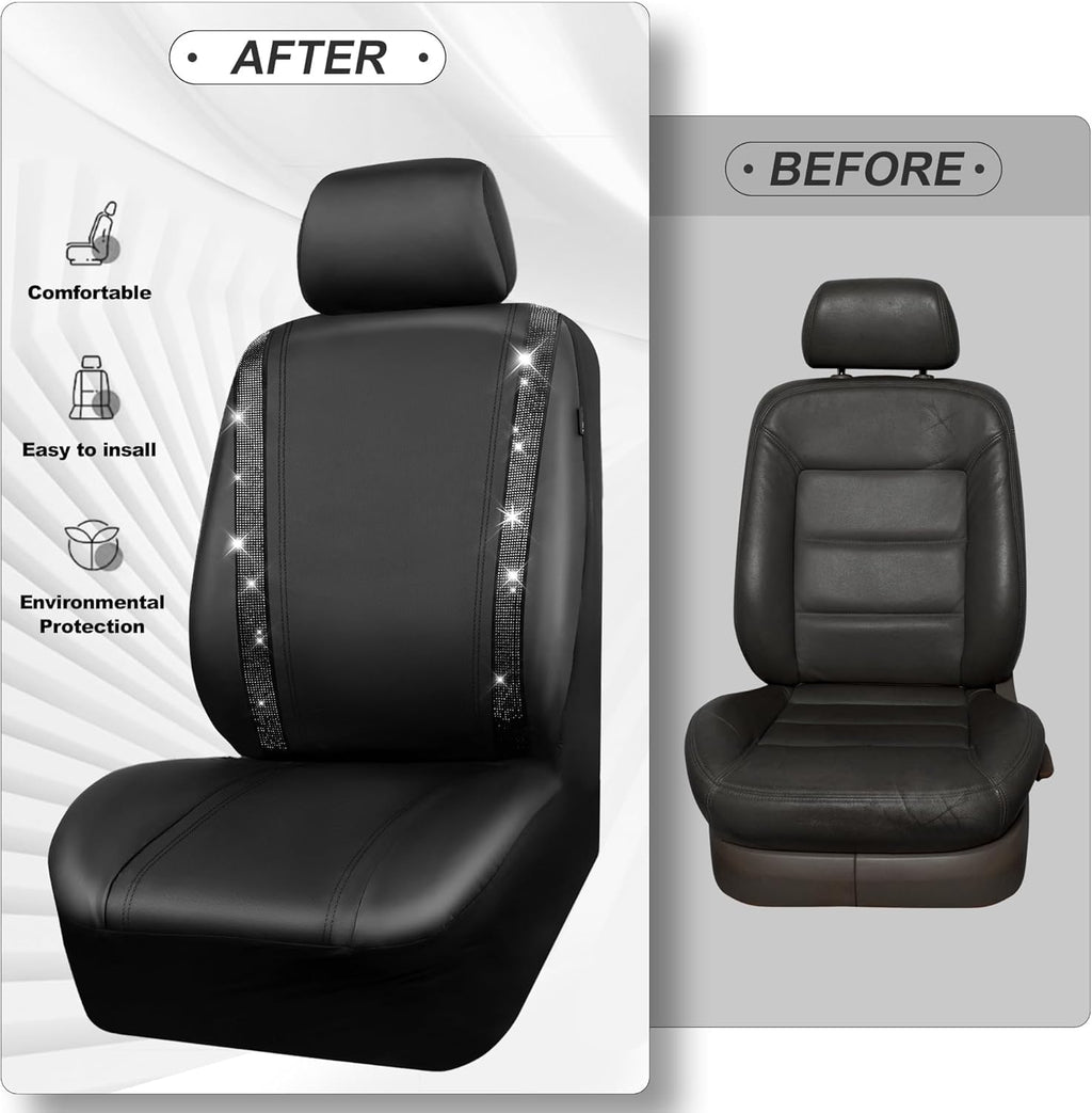 Garvee 9-Piece PU Leather Patchwork Car Seat Covers with Rhinestones - Universal Fit for VW Caddy, Ford Focus, Audi A3, Mini Cooper - Black & White