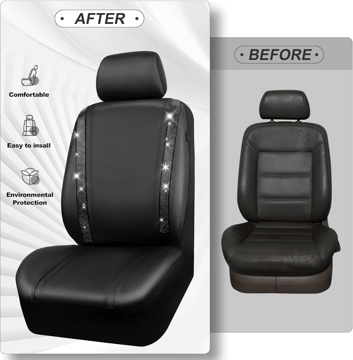 Garvee 9-Piece PU Leather Patchwork Car Seat Covers with Rhinestones - Universal Fit for VW Caddy, Ford Focus, Audi A3, Mini Cooper - Black & White