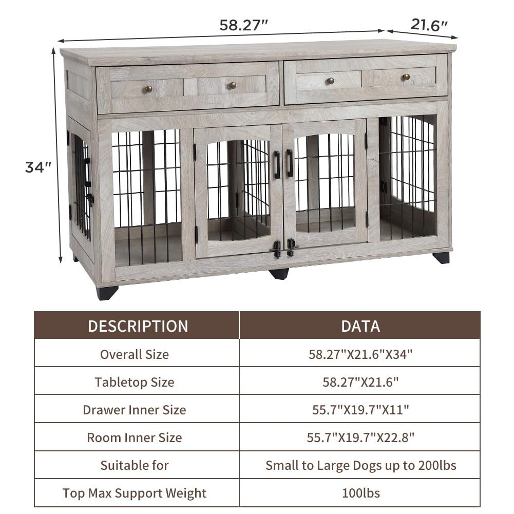 Garvee Dog Crate Furniture with Drawer, 5 Doors Wooden Dog Kennel End Table with Large Capacity Drawers,Dog House with Openable Divider for Small/Medium/Large Dog,Dog Cage,Side End Table Grey
