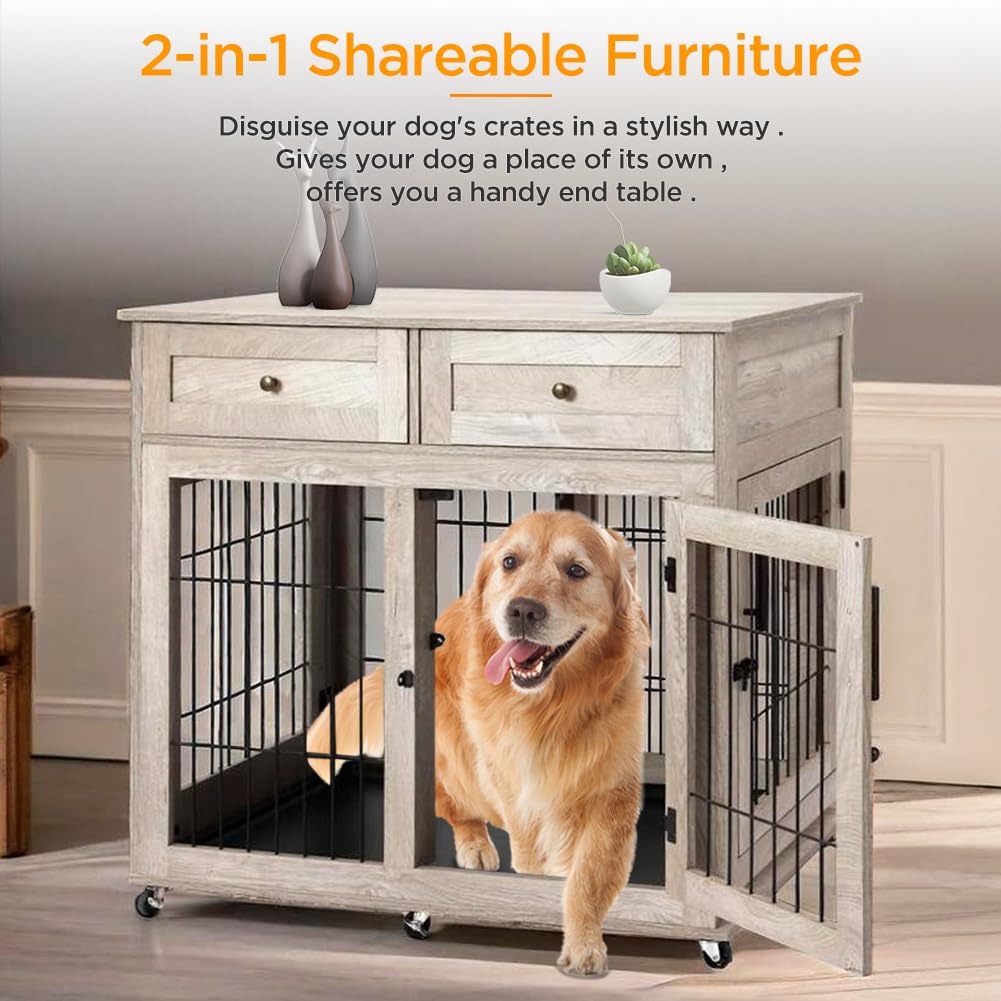 Garvee Double Room Wooden Dog Cage with Divider and Tray