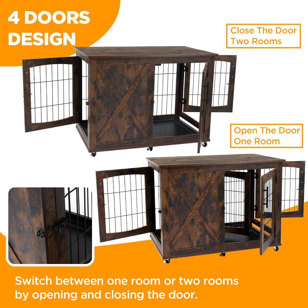 Garvee Furniture Dog Crate End Table, 39" Wooden Dog Kennels with 4 Doors,Sliding Barn Door with Divider, Dog House Indoor with Wheels