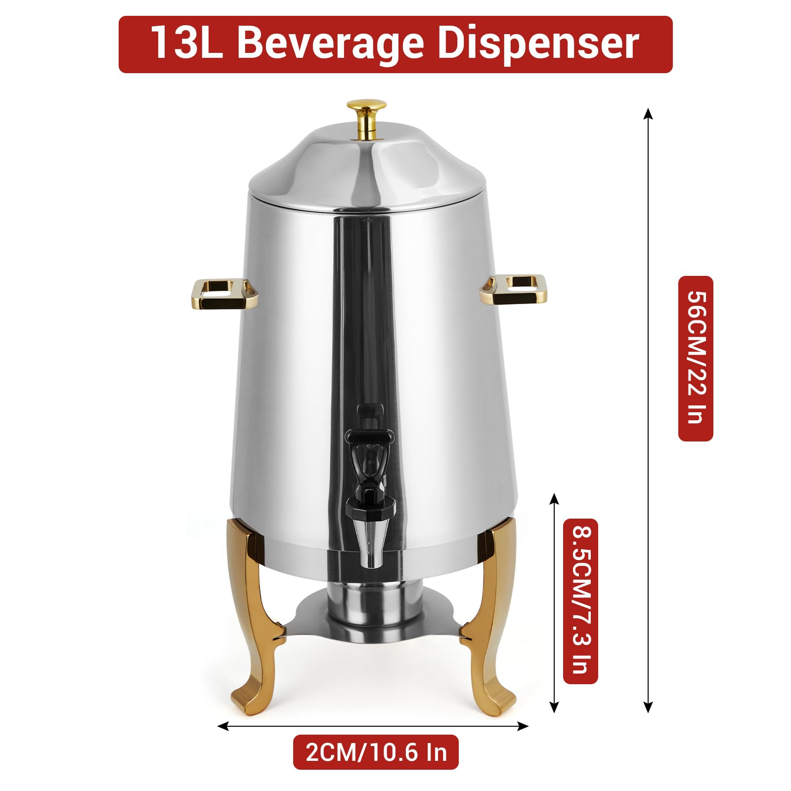 Garvee 3.4 Gallon Stainless Steel Insulated Drink Dispenser with Spigot, Hot & Cold Beverage Dispenser for Coffee, Tea, Water, 13L, Gold