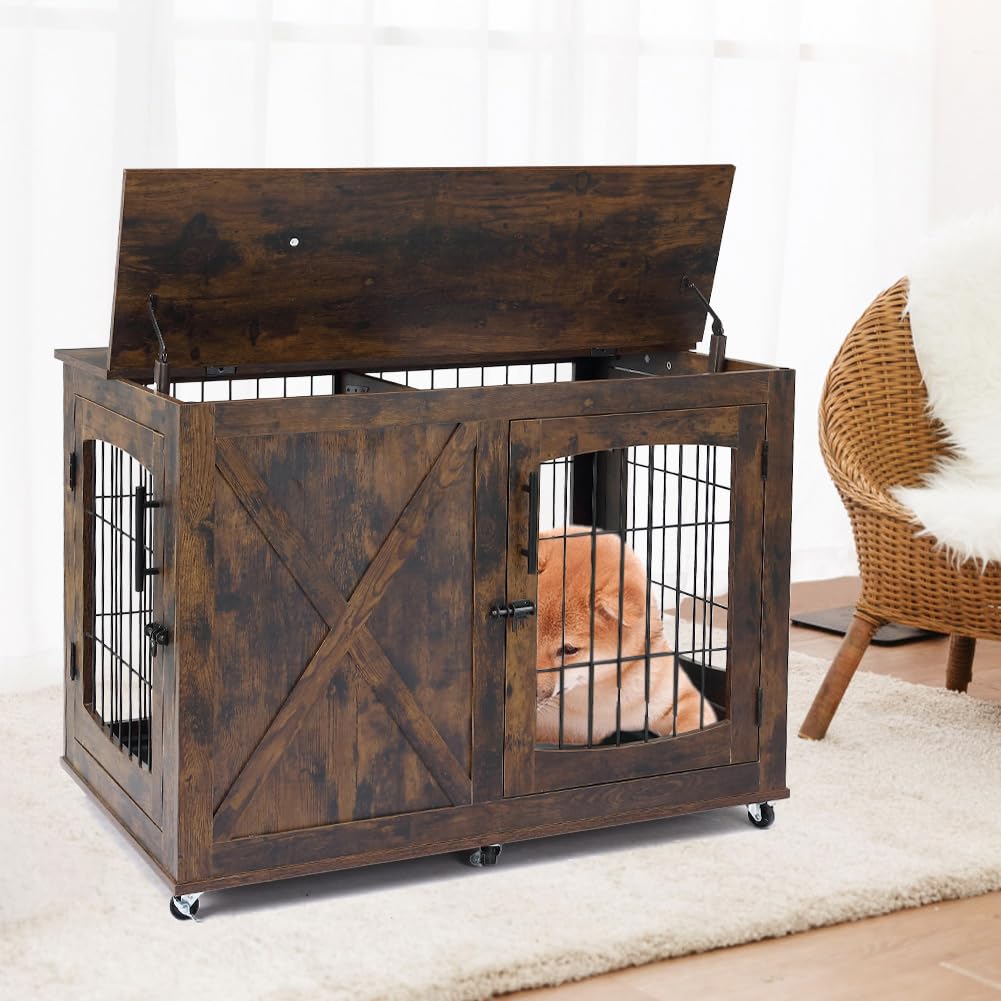 Garvee Furniture Dog Crate End Table, 39" Wooden Dog Kennels with 4 Doors,Sliding Barn Door with Divider, Dog House Indoor with Wheels