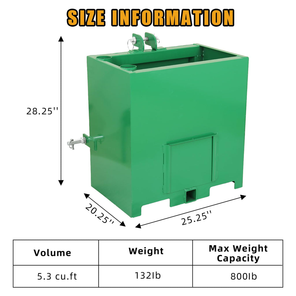 GARVEE 800LBS 3-Point Ballast Box - Cat 1 Tractor w/2" Hitch, 5 ft³ Steel Loader Attachment (Sliding Door, Heavy-Duty, Green)