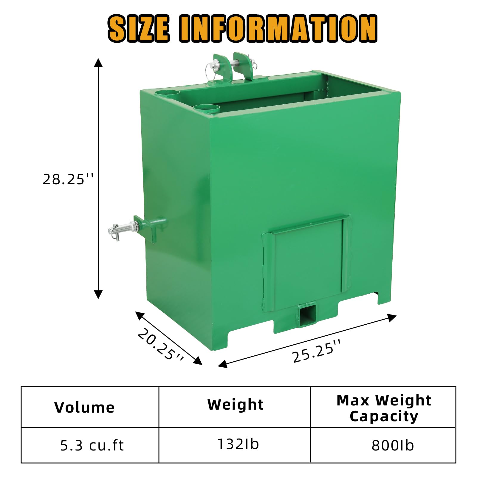 GARVEE 800LBS 3-Point Ballast Box - Cat 1 Tractor w/2" Hitch, 5 ft³ Steel Loader Attachment (Sliding Door, Heavy-Duty, Green)