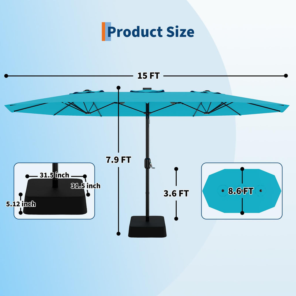 Garvee 15' Large Patio Umbrella with Base, Outdoor Double-Sided Rectangle Market Umbrella Outside Umbrellas for Poolside Lawn Backyard, Misty Blue