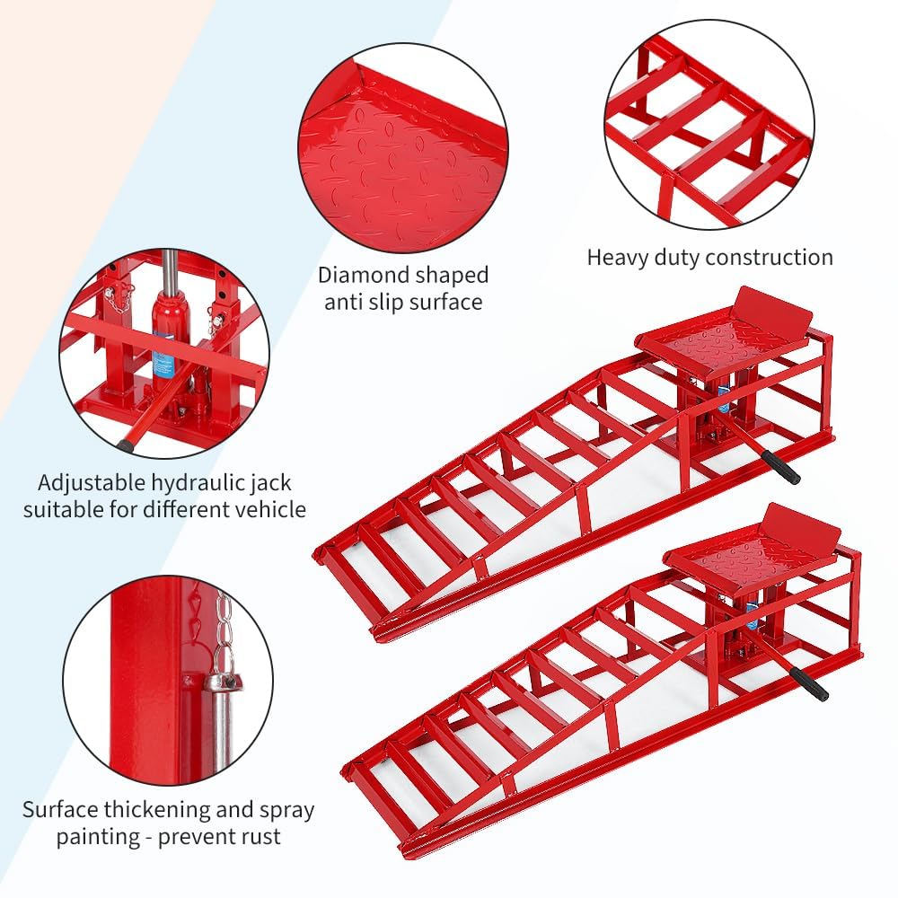 Garvee 2Pcs 5 Ton Hydraulic Car and Truck Service Ramps - 11023 lbs Capacity, Portable Lifts for Oil Changes with Adjustable Height from 9.8" to 15", Ideal for Home Garage and Vehicle Repairs, Red