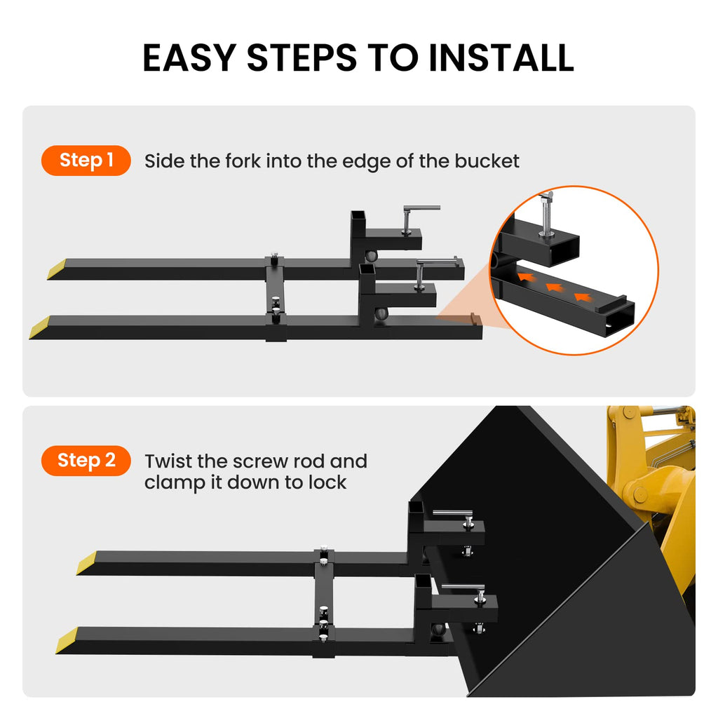 Garvee 60" Clamp-On Pallet Forks, 4000 lb Tractor Bucket Forks with Adjustable Stabilizer Bar for Loader, Skid Steer & Farm Use