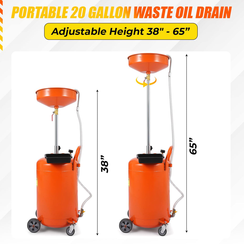 Garvee 20 Gallon Oil Drain Tank, Portable Oil Drain Container with Adjustable Funnel Height 38"-65", Air Operated Drainage Fluid Fuel Transfer Drainage with 360° Wheels & Toolbox