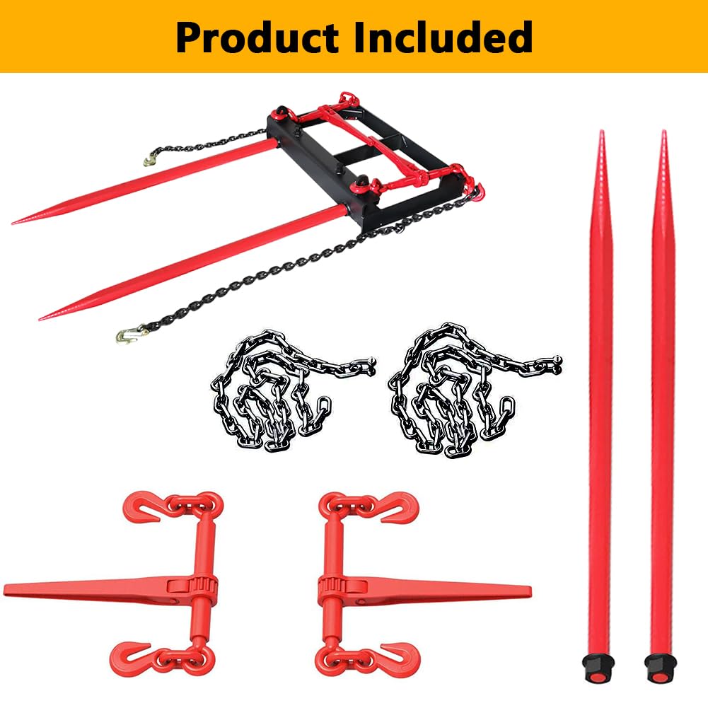 Garvee Dual Prong 43" Hay Bale Spear Attachment, 3000 LB Capacity, Front Skid Steer Tractor Loader Bucket Attachment Conus 2 Tines, Chains and Ratchet Binders Included