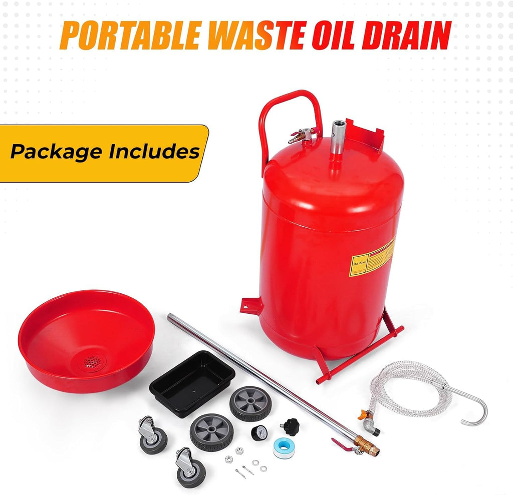 Garvee 20 Gallon Oil Drain Tank with Adjustable Funnel, Portable Air-Operated Container, Rust-Proof, Wheels & Toolbox, Red