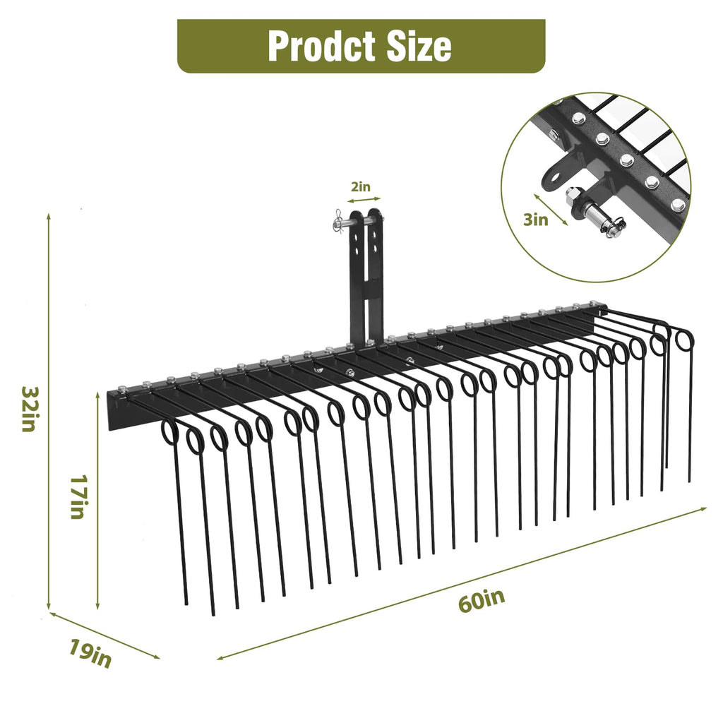Garvee 60 Inch Pine Straw Rake, 6mm Rake Needle, 26 Coil Spring Tines Durable Powder Coated Steel Tow Behind Landscape Rake with 3 Point Hitch Receiver Attachment Fit to Cat0 Cat 1 Tractors for Leaves Grass, Black