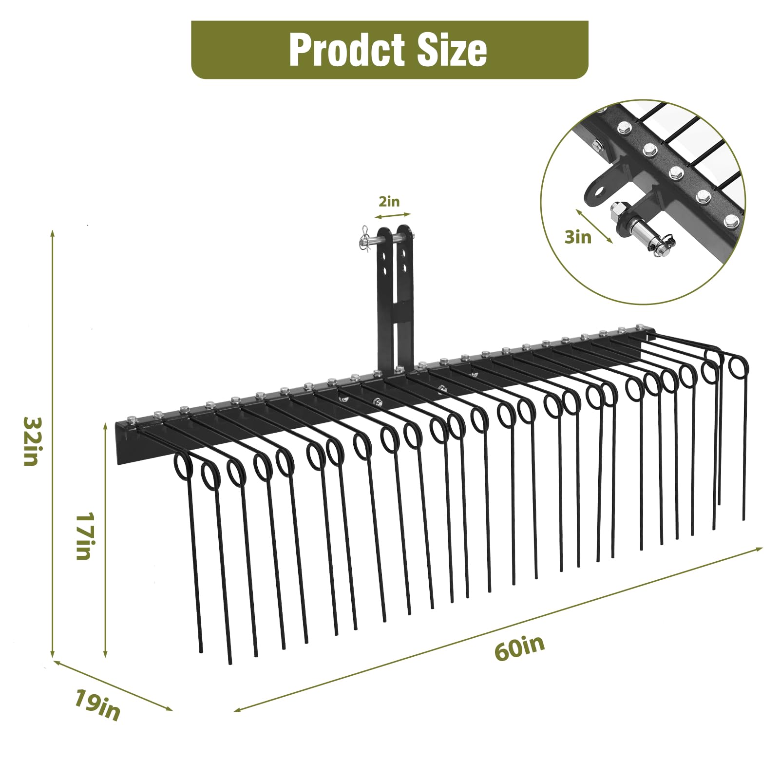 Garvee 60 Inch Pine Straw Rake, 6mm Rake Needle, 26 Coil Spring Tines Durable Powder Coated Steel Tow Behind Landscape Rake with 3 Point Hitch Receiver Attachment Fit to Cat0 Cat 1 Tractors for Leaves Grass, Black