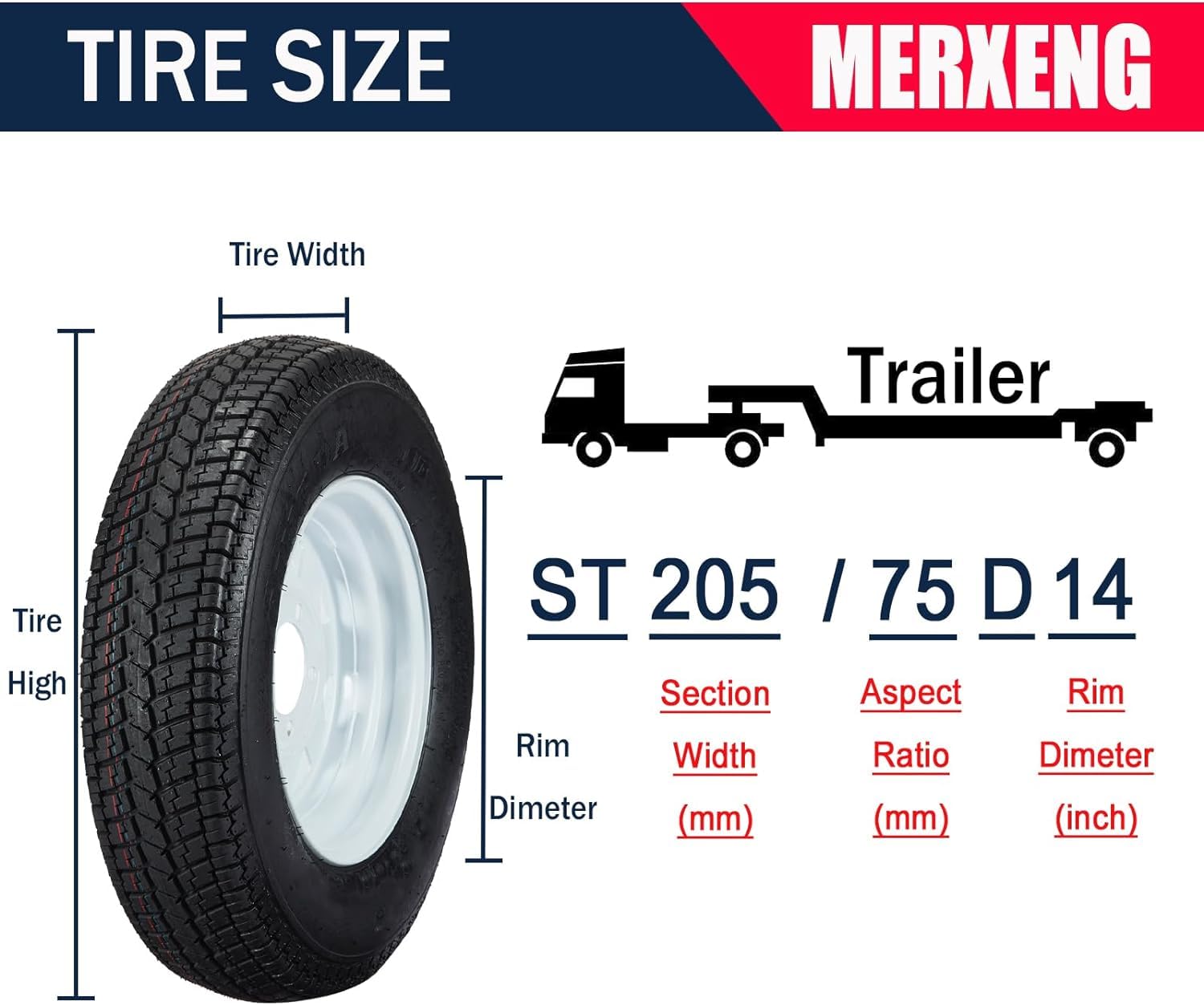 Garvee Set of 4 ST205/75D14 Trailer Tires with 14'' Rims, 5 Lug 4.5'', Load Range C, 6PR, White, Durable All-Season