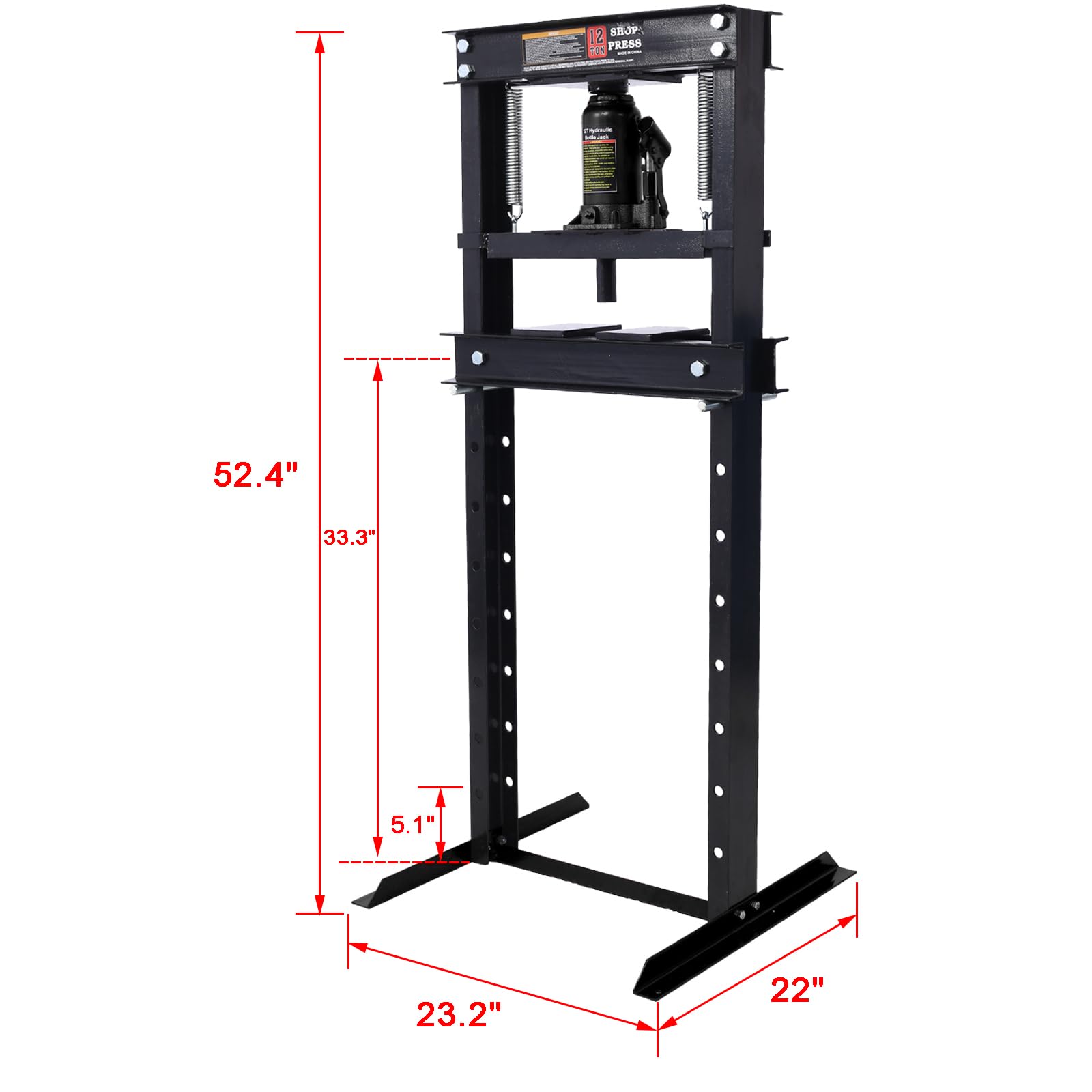 Garvee 12 Ton Hydraulic Press Adjustable Shop Press With Plates For Garage Floor Black