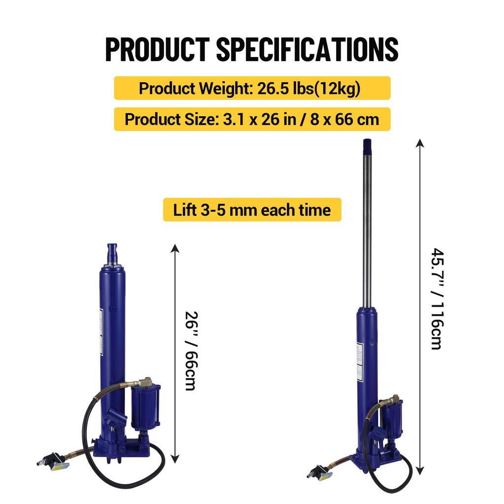 Garvee Hydraulic/Pneumatic Long Ram Jack - 8 Tons/17363 Lbs Capacity, Single Piston Pump, Clevis Base, Manual Cherry Picker Handle, for Garage Cranes & Engine Hoists