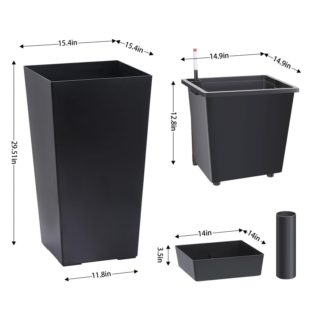 Garvee 30" Tall Planters Set of 2 - Heavy Duty Indoor/Outdoor Pots with Drainage Holes, Water Level Monitor & Automatic Watering, Black