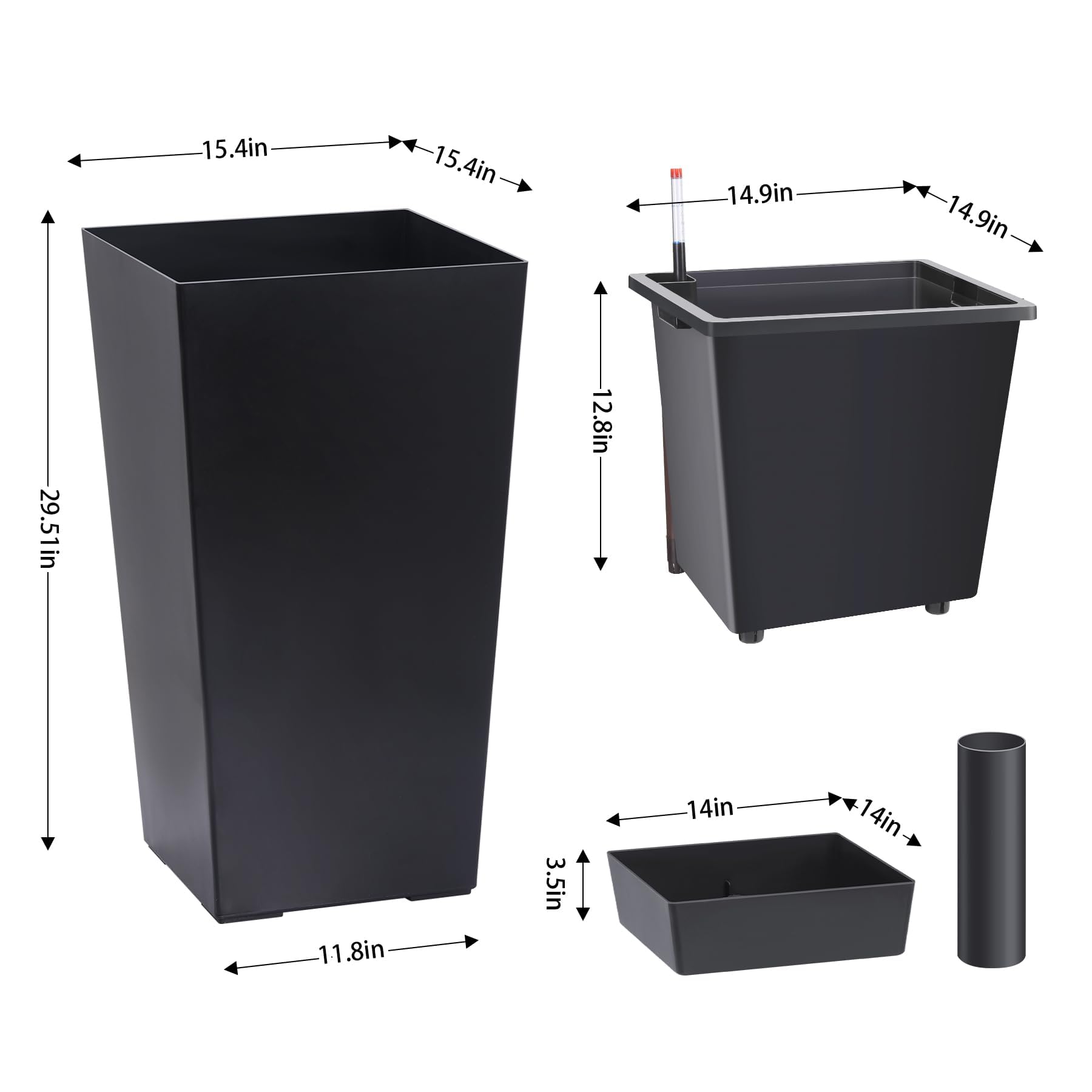 Garvee 30" Tall Planters Set of 2 - Heavy Duty Indoor/Outdoor Pots with Drainage Holes, Water Level Monitor & Automatic Watering, Black