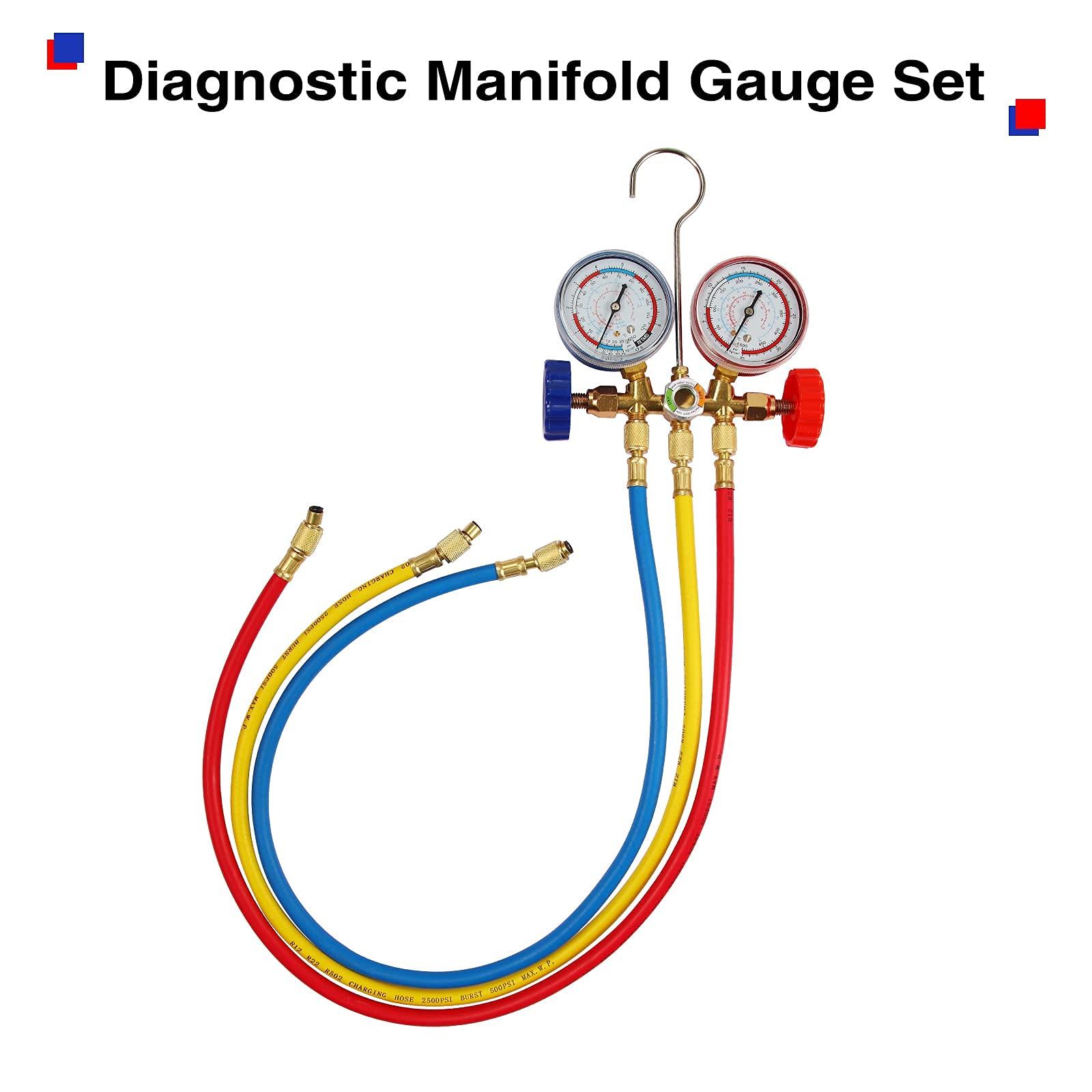 Garvee AC Diagnostic Manifold Gauge Set,Compatible for R134A, R22, R410 Home Car Refrigeration Charging, with Couples, 5FT Hoses(250Psi-500Psi)