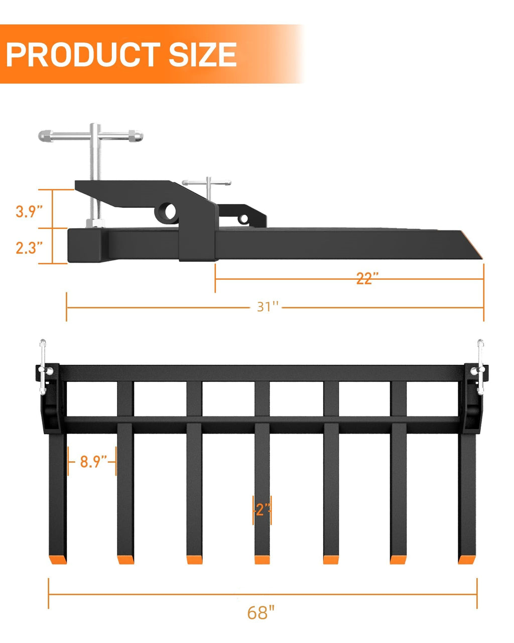 Garvee 68” Clamp on Debris Forks for Tractor Bucket, Heavy Duty 5500lbs Clamp on Pallet Forks Bucket, Efficient Clean-up, Quick Attach Pallet Forks for Loader Bucket Skid-steer Tractor