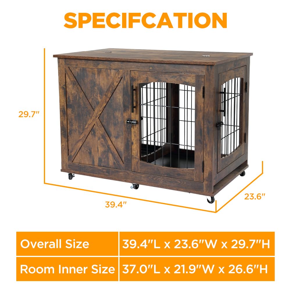 Garvee Furniture Dog Crate End Table, 39" Wooden Dog Kennels with 4 Doors,Sliding Barn Door with Divider, Dog House Indoor with Wheels