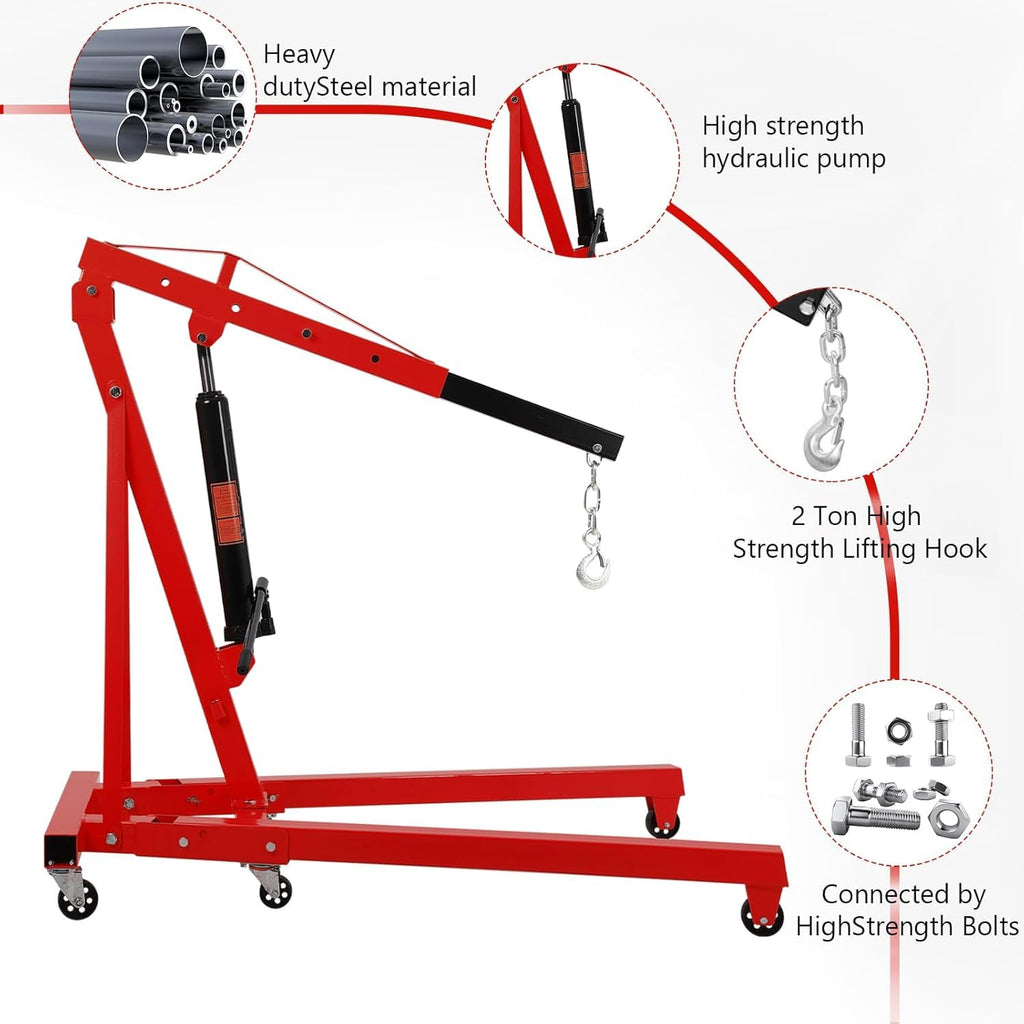 Garvee 2 Ton Engine Hoist Hydraulic Foldable Crane Mobile Cherry Picker for Garage Workshops Auto Repair, 4400 LB, Red