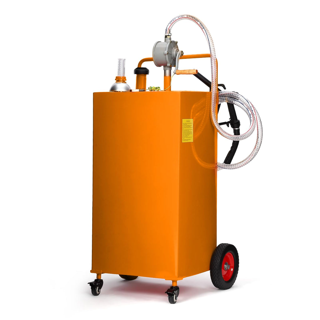 Garvee 30 Gallon Fuel Caddy Heavy-Duty Stainless Steel Fuel Tank with Manual Transfer Pump 4-Wheel Mobile Design for Gasoline and Diesel for Cars Trucks Boats Lawn Mowers, Yellow