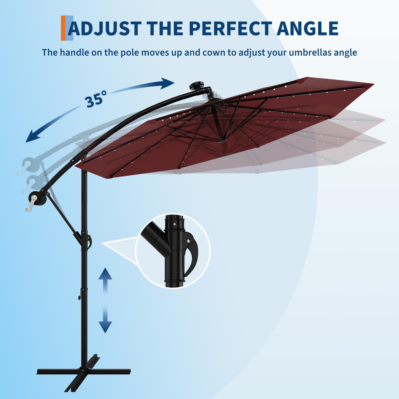 Garvee 10' Solar Lights Offset Patio Umbrella, Cantilever Umbrella with Easy Lift & Tilt Adjustment, 8 Ribs Sun Umbrella UV Protection, Wine Red