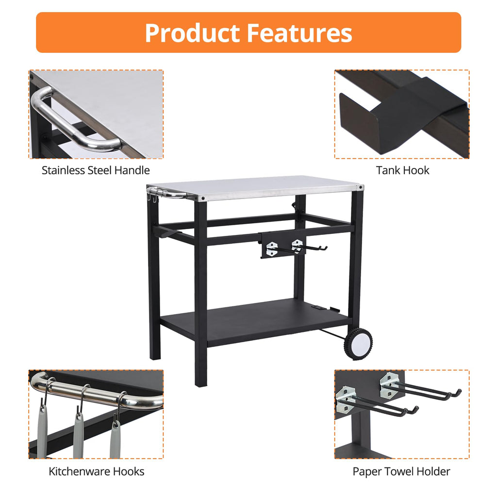 Garvee Outdoor Grill Cart with Wheels & Hooks for Pizza Oven – Portable Stainless Steel Utility Table, Prep Station, Silver