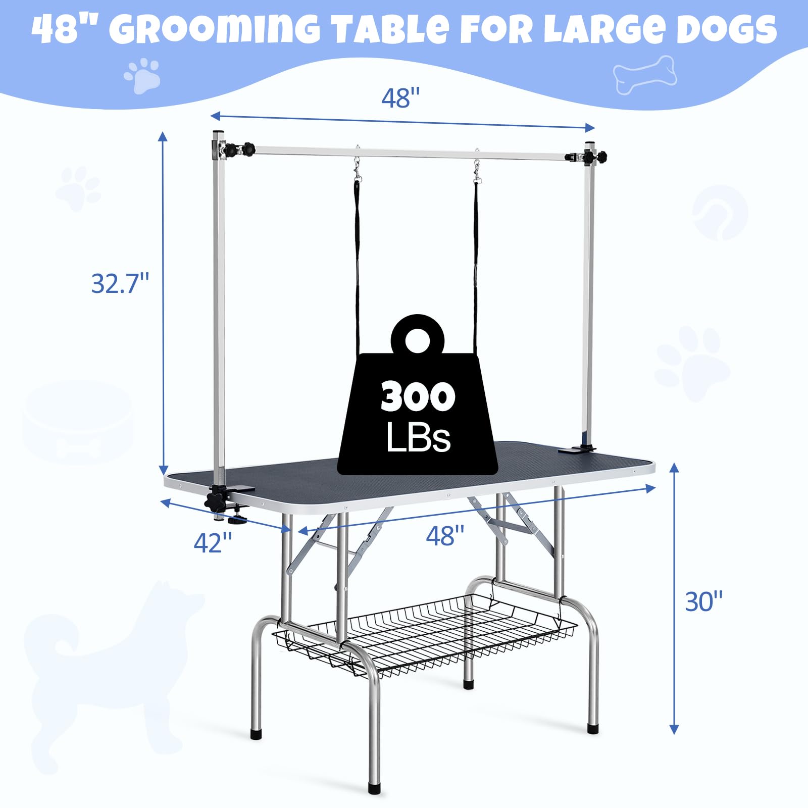 Garvee 48" Dog Grooming Table Adjustable Height Pet Drying Desktop Foldable Pet Grooming Table with Arms, Nooses, Mesh Tray, Foldable Pet Station Max Capacity Up to 330Lbs (Black)