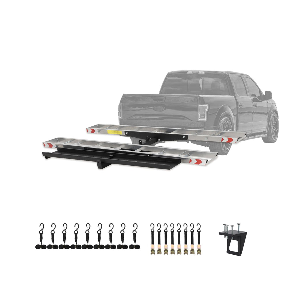 Garvee Double Motorcycle Carrier, 600 Lbs Aluminum Motorcycle Hitch Carrier with 59 Inch Long Detachable Load Ramp, Heavy Duty Hitch-Mounted Dirt Bike Rack with Tie-Down Strap for Car, Truck