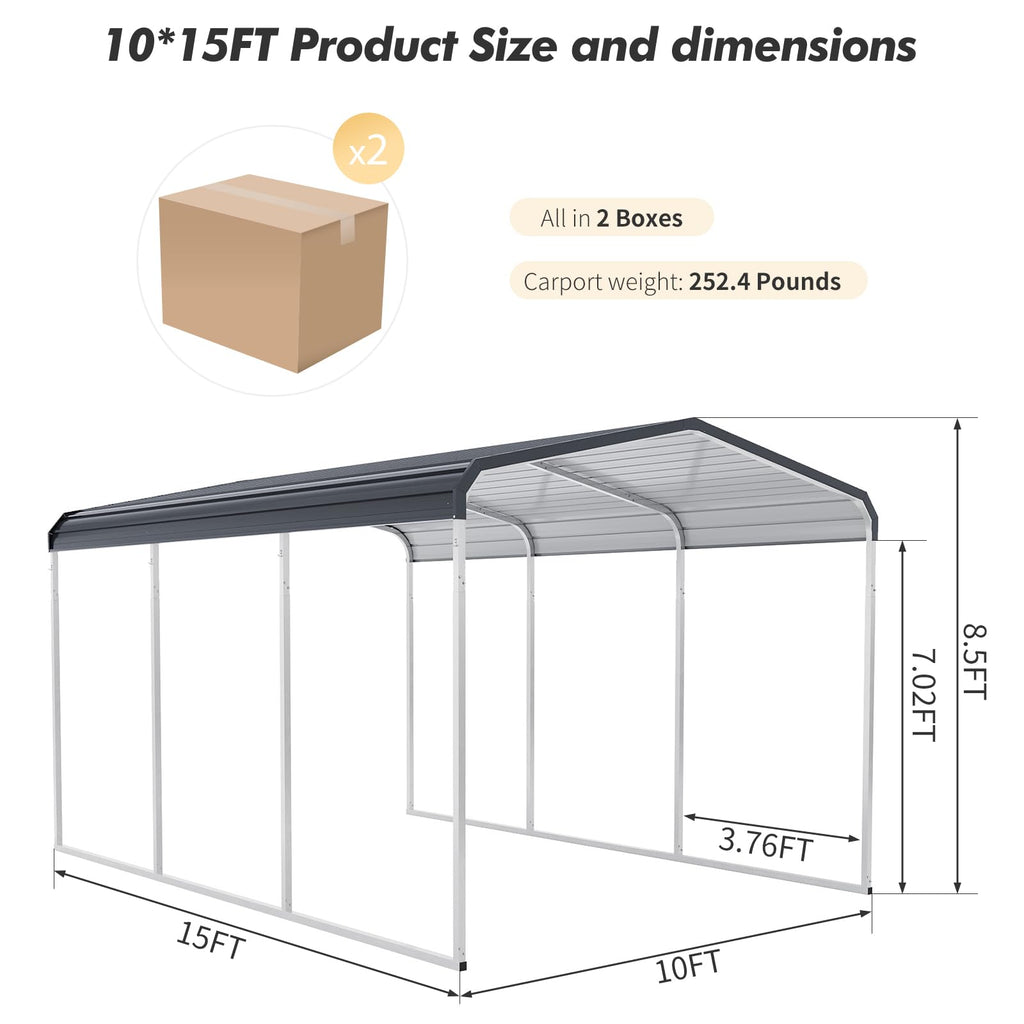 Garvee 10'x15' Heavy Duty Carport with Galvanized Metal Roof & Updated Frame - Metal Garage Canopy for Cars, Boats, Tractors, Grey