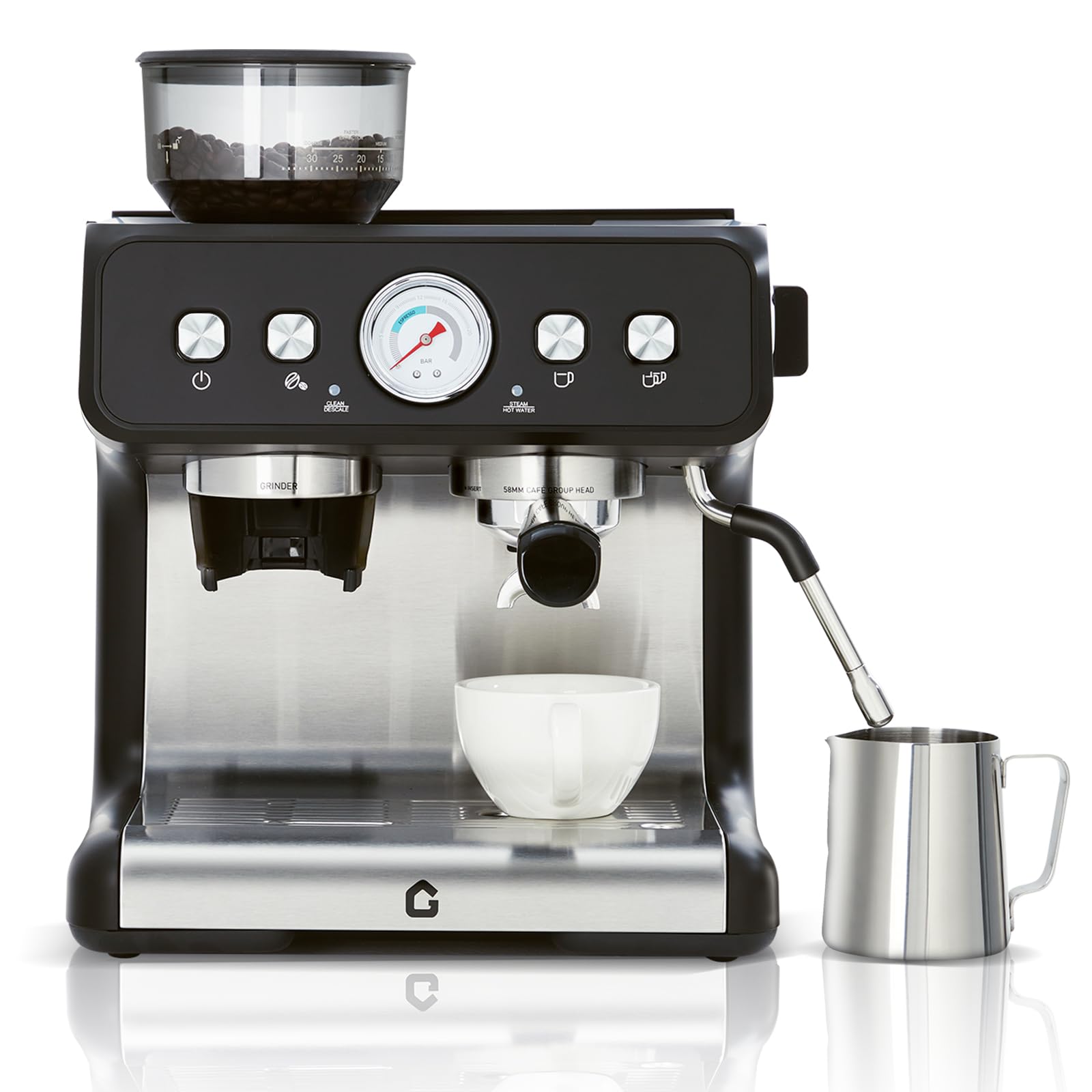 Garvee 20-Bar Stainless Steel All-in-One Espresso Machine with Grinder - 2.8L Removable Water Tank, Milk Frother Steam Wand, Adjustable Shot Volume for Latte and Cappuccino, Professional for Home and Office Use