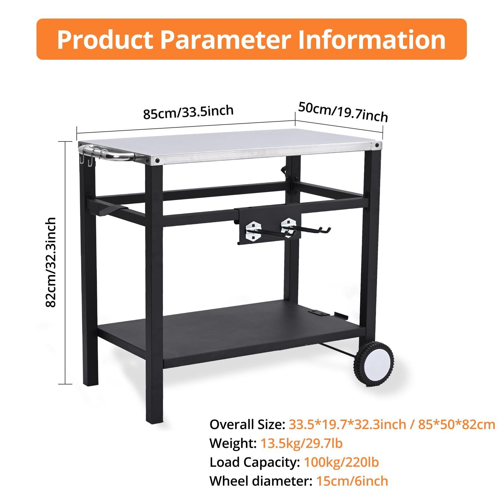 Garvee Outdoor Grill Cart with Wheels & Hooks for Pizza Oven – Portable Stainless Steel Utility Table, Prep Station, Silver
