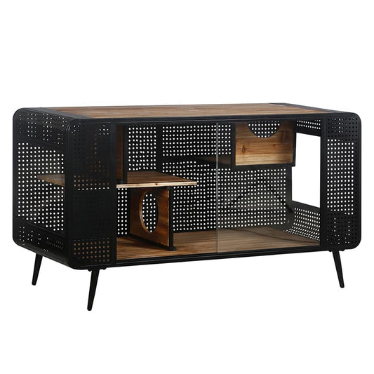 Garvee 55.12" Cat House with 2 Sliding Tempered Glass Doors, Metal Spacious Pet Kennel for Living Room, Black, One Size