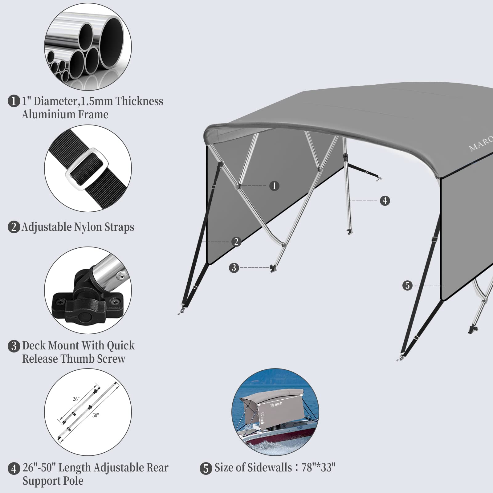 Garvee 4 Bow Bimini Top Boat Cover with 1 Inch Aluminum Alloy Frame, Include 2 Straps, 2 Adjustable Rear Support Pole, Zippered Storage Boot, PU Coating Canvas - 8ft L*54 inch H*79inch-84inch W