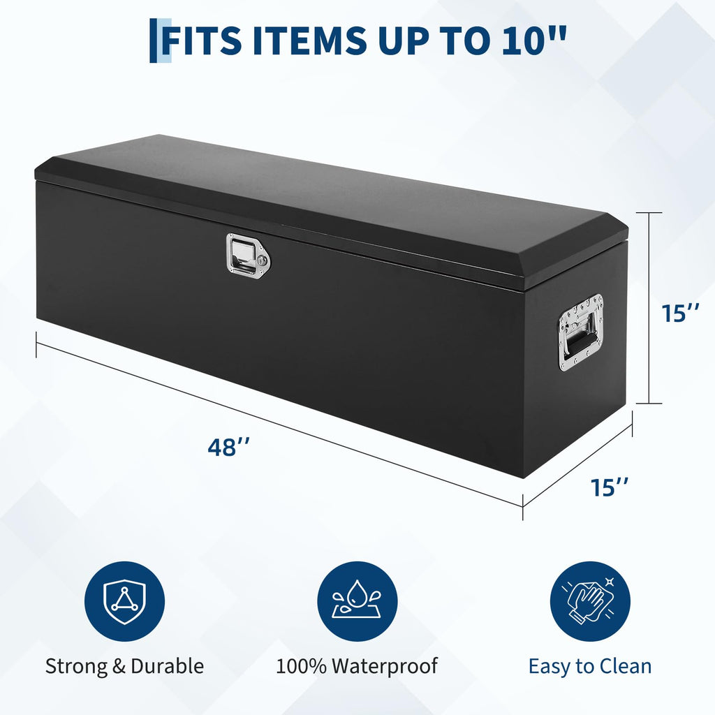 Garvee Truck Bed Tool Box - 48"x15"x15" Heavy-Duty Steel Storage Organizer with Gas Strut Lid, Waterproof Design, and Orange Peel Finish for Pickup, RV, and Trailer, Black